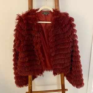 Blue Blush Shaggy Faux Fur Red Jacket Size L